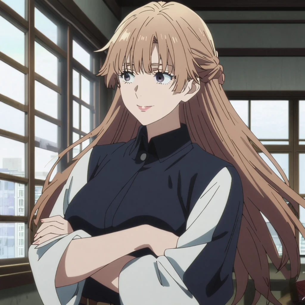 1girl, female gojo satoru, anime screencap from jujutsu kaisen, gojo satoru female version, solo, long_hair, black eyes, ((brown_hair)), window, breasts, upper_body, smile, indoors, book, bangs, black_eyes, lips, ((her hairstyle : The character in the image has long straight brown hair)) wearing black colour collared outfit, breast, "very detailed and high resolution" (black eyes) ((cross arms)) ((long hair))