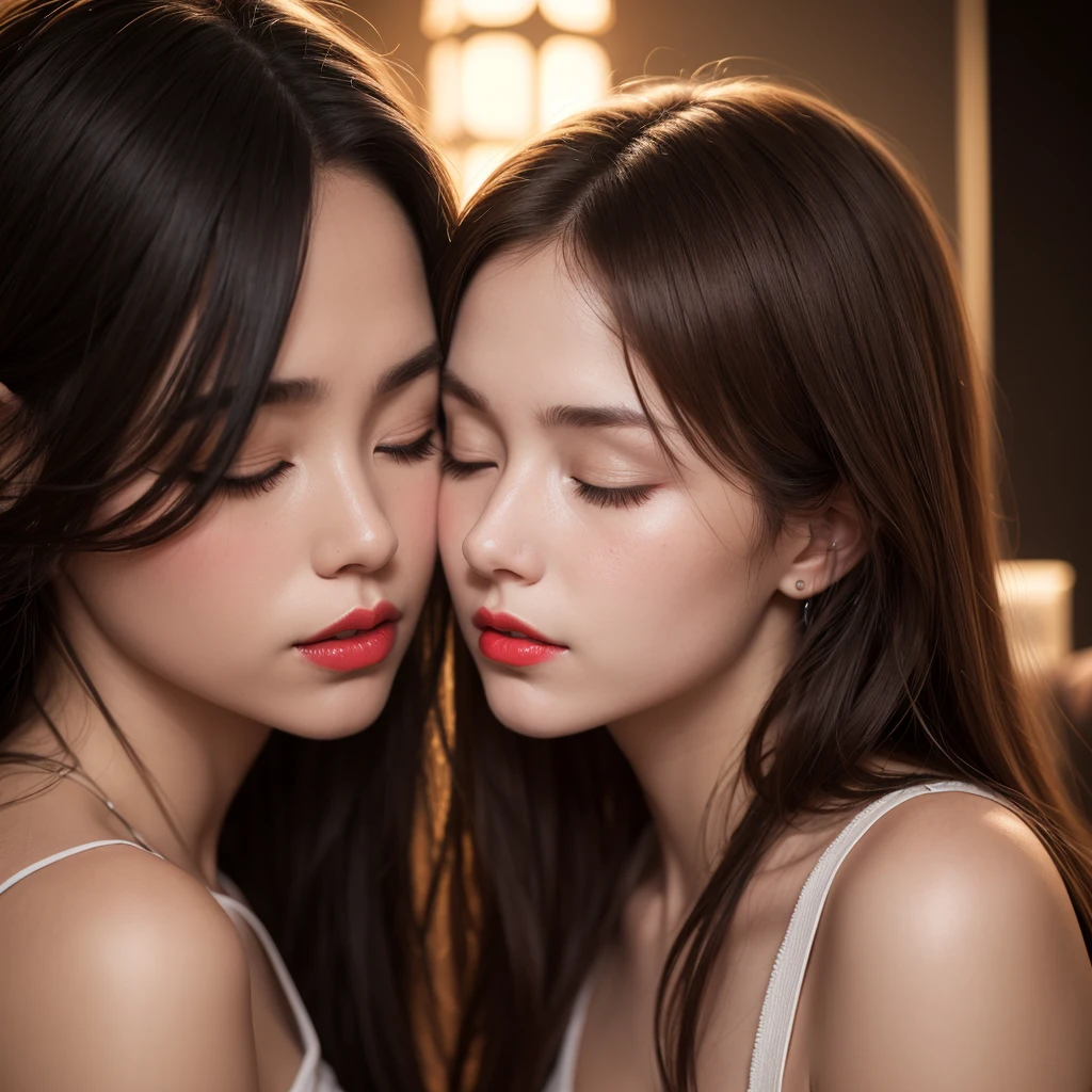two girls, one girl with light African skin, the other with white skin, brown hair, red lips, romantic atmosphere, foreheads glued together, eyes closed, faces dirty with dust and blood, black background, realistic, work of art