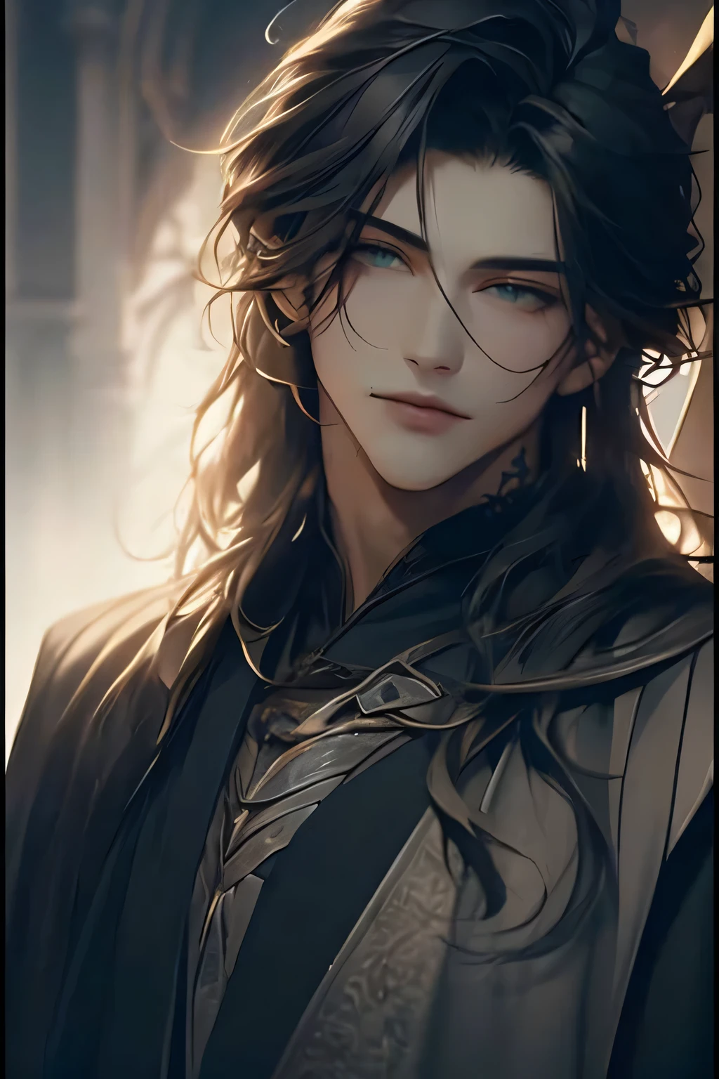 a close up of a person with long hair and a black jacket, beautiful androgynous prince, handsome guy in demon slayer art, delicate androgynous prince, by Yang J, beautiful character painting, stunning character art, with long hair and piercing eyes, artwork in the style of guweiz, stunning anime face portrait, fantasy male portrait, anime handsome man