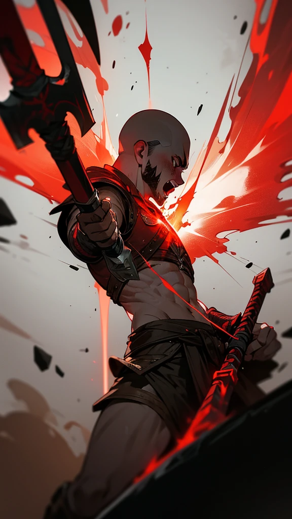 make an image of Kratos, from the videogame "God of War" in rage mode, he has blood all over him, he is glowing all red around him, the main theme of the image is red light, he is holding his axe, he is screaming and facing up, make the background something different