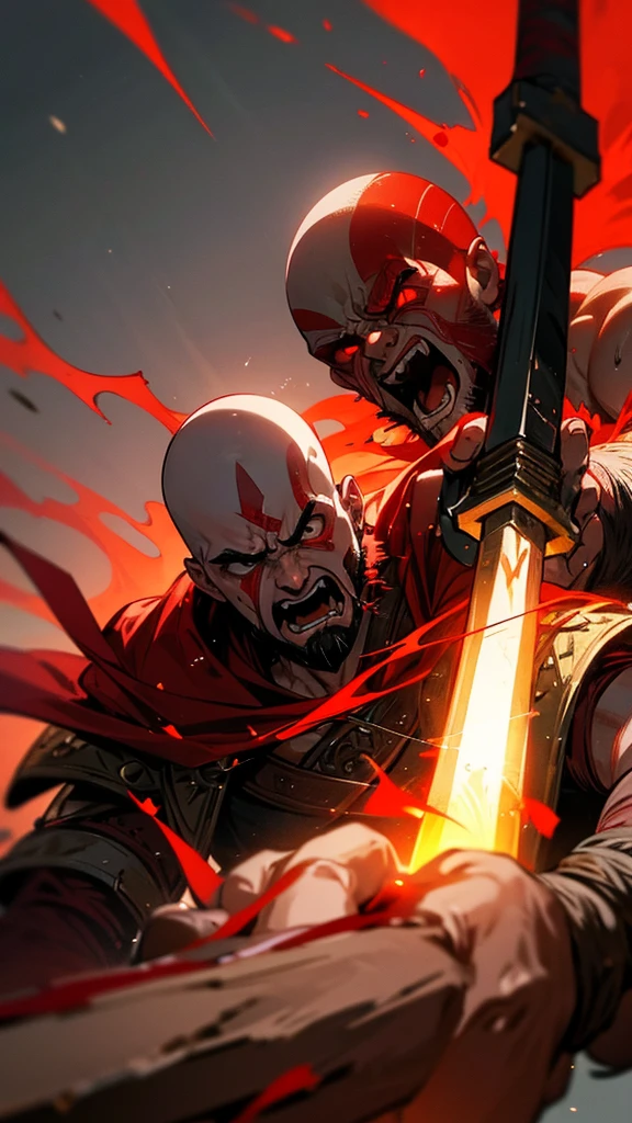 make an image of Kratos, from the videogame "God of War" in rage mode, he has blood all over him, he is glowing all red around him, the main theme of the image is red light, he is holding his axe, he is screaming and facing up, make the background something different