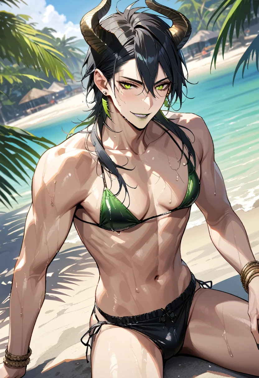 masterpiece, highres, absurdres, illustration,   ((masterpiece:1.4, best quality)), (Ultra detailed background), 1boy, handsome man, highly detailed beautiful face and eyes, beautiful eyes, (sharp detail:1.3), shiny, earrings, bracelet, (wet bikini:1.3), Bari, Cebu Island, plumeria, near the beach, 1boy, sitting on floor, dynamic angle, malleus draconia (twisted wonderland) horns, bishounen, boy, male, yana Toboso style, long hair, black hair, yellow green eyes, smile, gray lips, handsome, skinny, tall, yellow green glow,AddXL