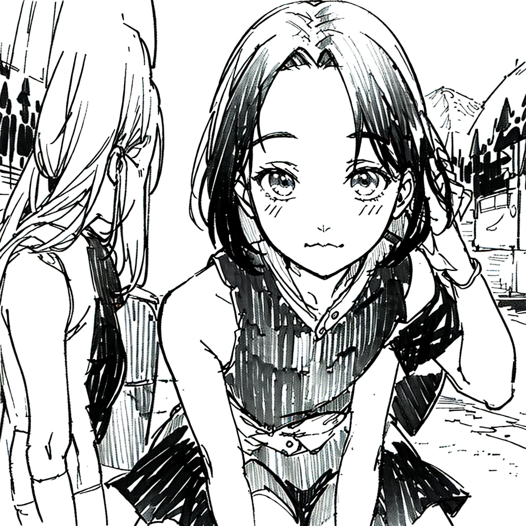One Girl,Line art,Monochrome,sketch,Pencil drawing,Traditional Media,One Girl, skirt,Cute Teenage Girls, ,Beautiful portrait、Delicate body、Black Hair、Black Hair,landscape (Multiple Views, Multiple Angles), Side view, Front view, look up, Looking down, Rear View, 20-degree head view