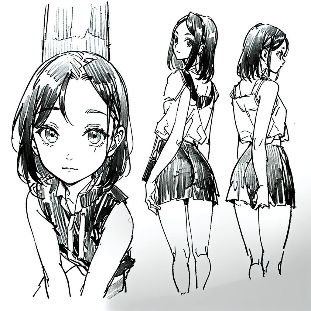 One Girl,Line art,Monochrome,sketch,Pencil drawing,Traditional Media,One Girl, skirt,Cute age Girls, ,Beautiful portrait、Delicate body、Black Hair、Black Hair,landscape (Multiple Views, Multiple Angles), Side view, Front view, look up, Looking down, Rear View, 20-degree head view