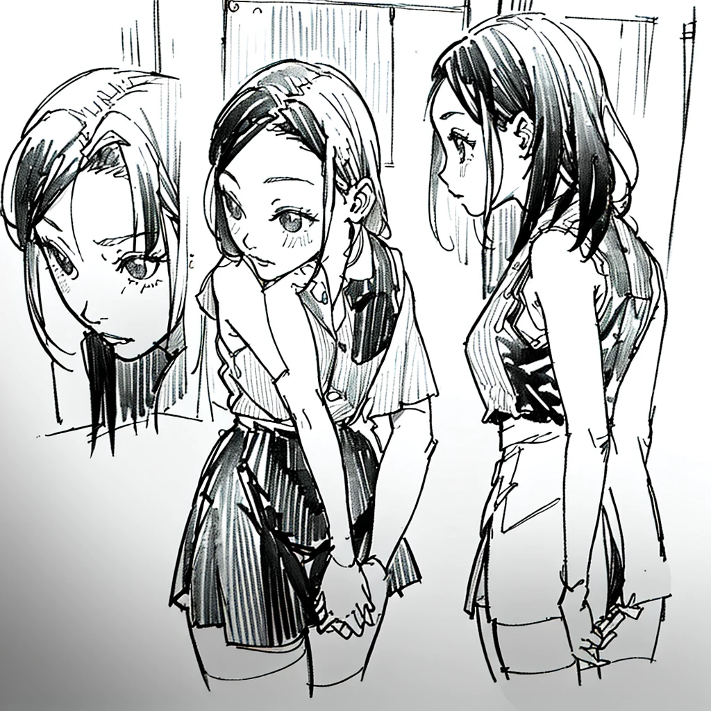 One Girl,Line art,Monochrome,sketch,Pencil drawing,Traditional Media,One Girl, skirt,Cute Teenage Girls, ,Beautiful portrait、Delicate body、Black Hair、Black Hair,landscape (Multiple Views, Multiple Angles), Side view, Front view, look up, Looking down, Rear View, 20-degree head view