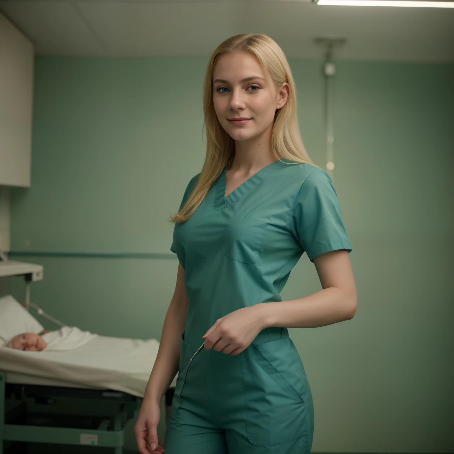 A Realistic Portrait, of a tenager girl, 15 years old (lady oscar), as surgical nurse, blonde hair, , Beautiful, detailed face, detailed eyes, (realistic skin:1.3), (pale skin:1.1), (textured skin:1.3), (()), big smile, (iphone photograph), (perfect small breasts:1.1), wearing ultra-dark green surgical scrubs), (artificial lighting:1.3), looking at the camera, perfect slim body, amateur Photography, Photorealistic, Detailed, analog, poor quality, grainy,, wide angle, showing full body, standing in operation room, wearing long surgical scrubs, non-nude, all body parts covered by dark-hunter green scrub uniform