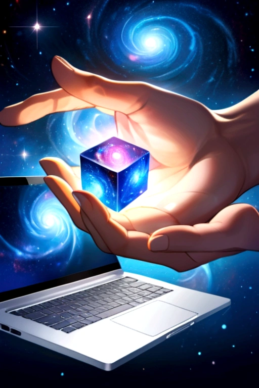 Create an image, which will depict a surreal cube, covered with a complex and vibrant cosmic pattern. The pattern should include vortex galaxies, bright nebulae and shining stars against the backdrop of deep space. One of the faces of the cube should depict an outstretched human hand with realistic skin tones, breaking through the cosmic pattern. Place a modern laptop with the lid open in front of this hand, whose screen appears to be floating in the air. The general atmosphere should evoke a feeling of an endless universe, meeting modern technologies in harmonious combination, 8 k, Best quality 
