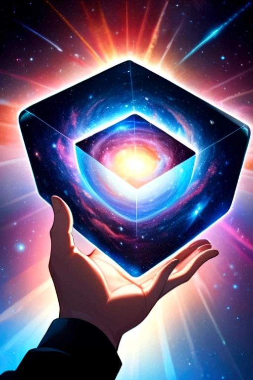 Create an image, which will depict a surreal cube, covered with a complex and vibrant cosmic pattern. The pattern should include vortex galaxies, bright nebulae and shining stars against the backdrop of deep space. One of the faces of the cube should depict an outstretched human hand with realistic skin tones, breaking through the cosmic pattern. Place a modern laptop with the lid open in front of this hand, whose screen appears to be floating in the air. The general atmosphere should evoke a feeling of an endless universe, meeting modern technologies in harmonious combination, 8 k, Best quality 
