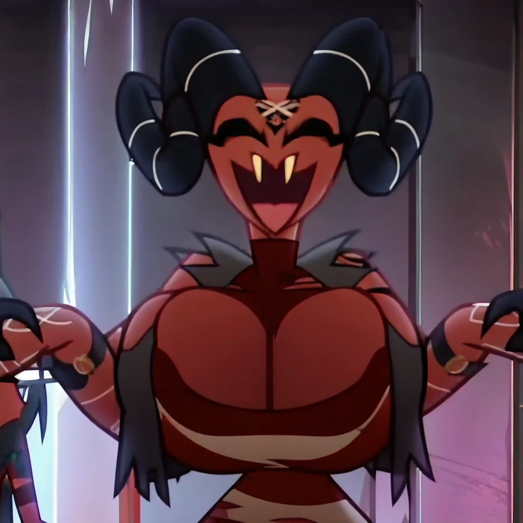 Hot insect crustacean woman, Guyver style, evil smile, scaraber reploid, bellows tail, cel shade adult animation, alien queen,