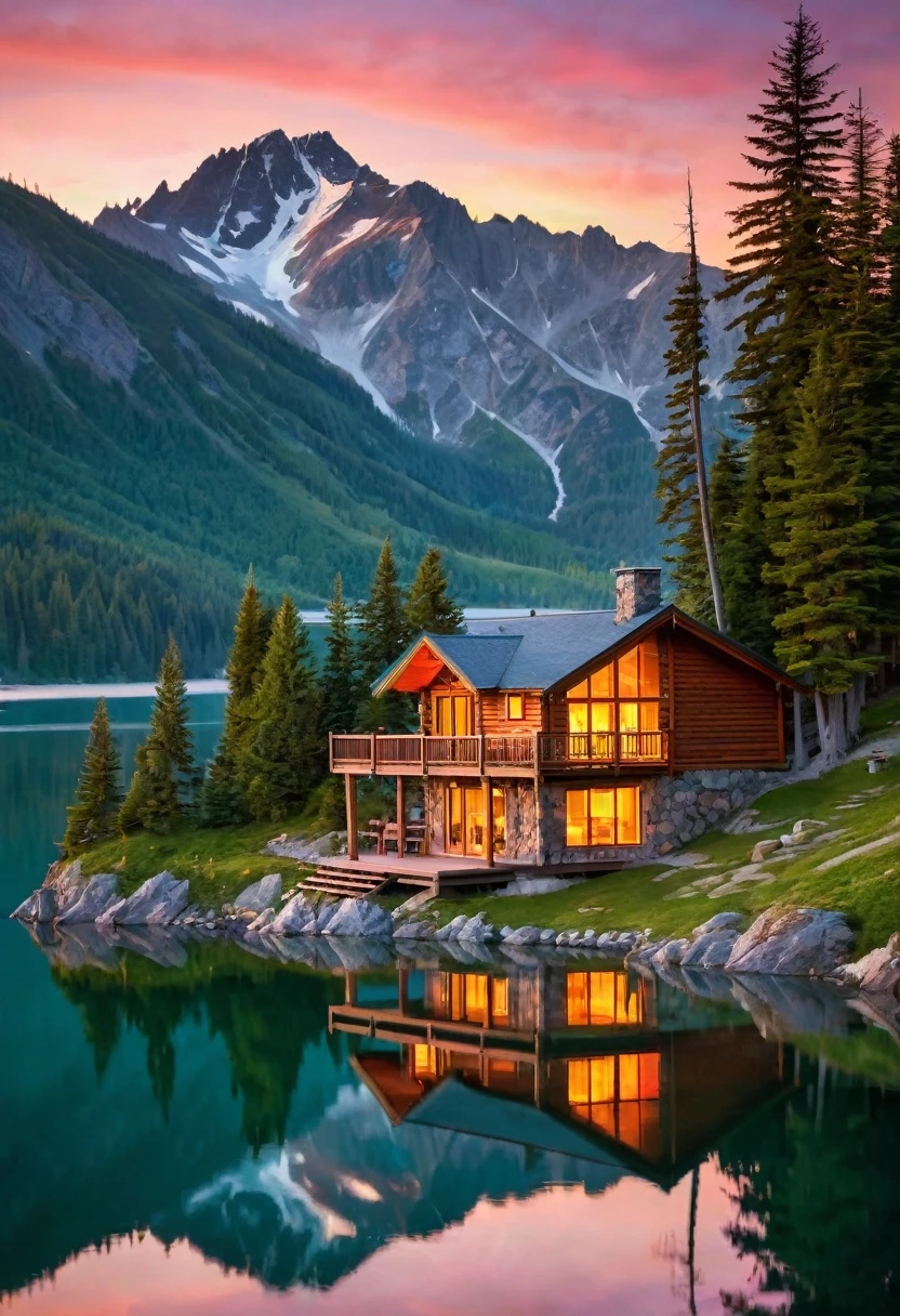 A cozy wooden cabin, perched on a hillside overlooking a serene lake, is bathed in the warm glow of a breathtaking sunset. The sky is ablaze with vibrant hues of orange and pink, reflecting on the water's surface. Mountains rise in the distance, creating a sense of grandeur and peace.