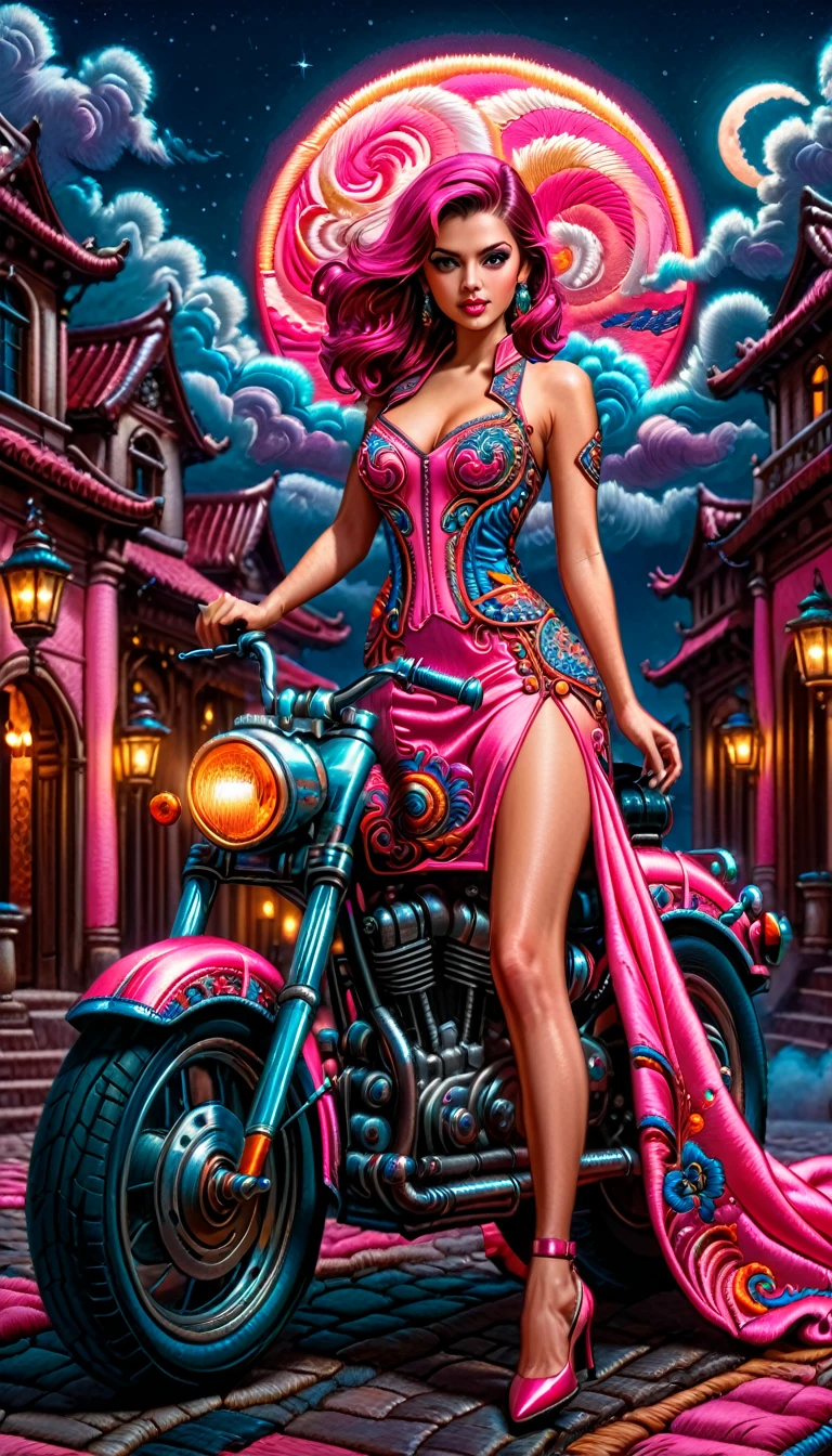 an intricate (masterwork embroidery: 1.3) picture of an exquisite woman standing near her legendary vintage (pink motorcycle: 1.3), a glam beautiful, woman, medium hair cut, dynamic color hair, intense gaze, elegan intricate dress, dynamic color dress, standing near her epic vintage  (pink motorcycle: 1.3), it is night time, moon light, some clouds, there is an entrance to torch lit entrance to a palace in the background, ral-embroideredpatch, best details, best quality, 16k, [ultra detailed], masterpiece, best quality, (extremely detailed), dynamic angle, full body shot,