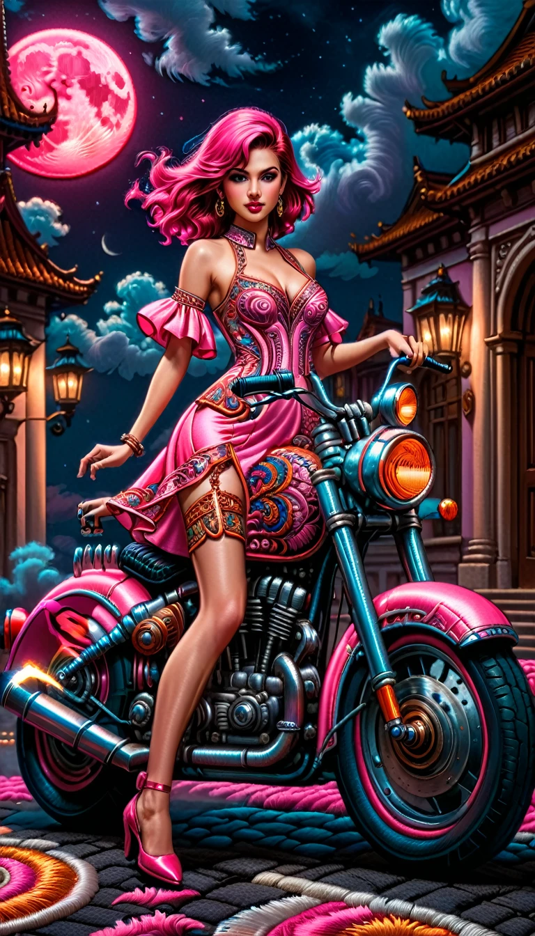 an intricate (masterwork embroidery: 1.3) picture of an exquisite woman standing near her legendary vintage (pink motorcycle: 1.3), a glam beautiful, woman, medium hair cut, dynamic color hair, intense gaze, elegan intricate dress, dynamic color dress, standing near her epic vintage  (pink motorcycle: 1.3), it is night time, moon light, some clouds, there is an entrance to torch lit entrance to a palace in the background, ral-embroideredpatch, best details, best quality, 16k, [ultra detailed], masterpiece, best quality, (extremely detailed), dynamic angle, full body shot,