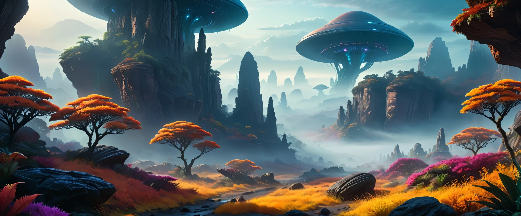 Science Fiction, Lush Alien Landscape, Vibrant flora, Mysterious rock formations, Atmospheric lighting, Fall, Misty mist, Distant Alien Skies, Award-winning illustrations|Popular on ArtStation, masterpiece|highly detailed|best quality|HD|8K|uHD|intricate details|extreme_detail