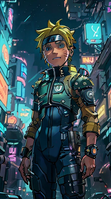 best quality,masterpiece,1boy,solo,(((13years old))),japanese boy,an extremely cute and handsome boy,highly detailed beautiful face and eyes,petit,cute face,lovely face,baby face,shy smile,show teeth, Yellow hair,Short hair,flat chest,skinny,slender,(((Uzumaki Naruto wearing a Cyberpunk Bodysuit ))),(((standing in Dark Midnight Neon Glow light Cyberpunk metropolis city))),he is looking at the viewer,