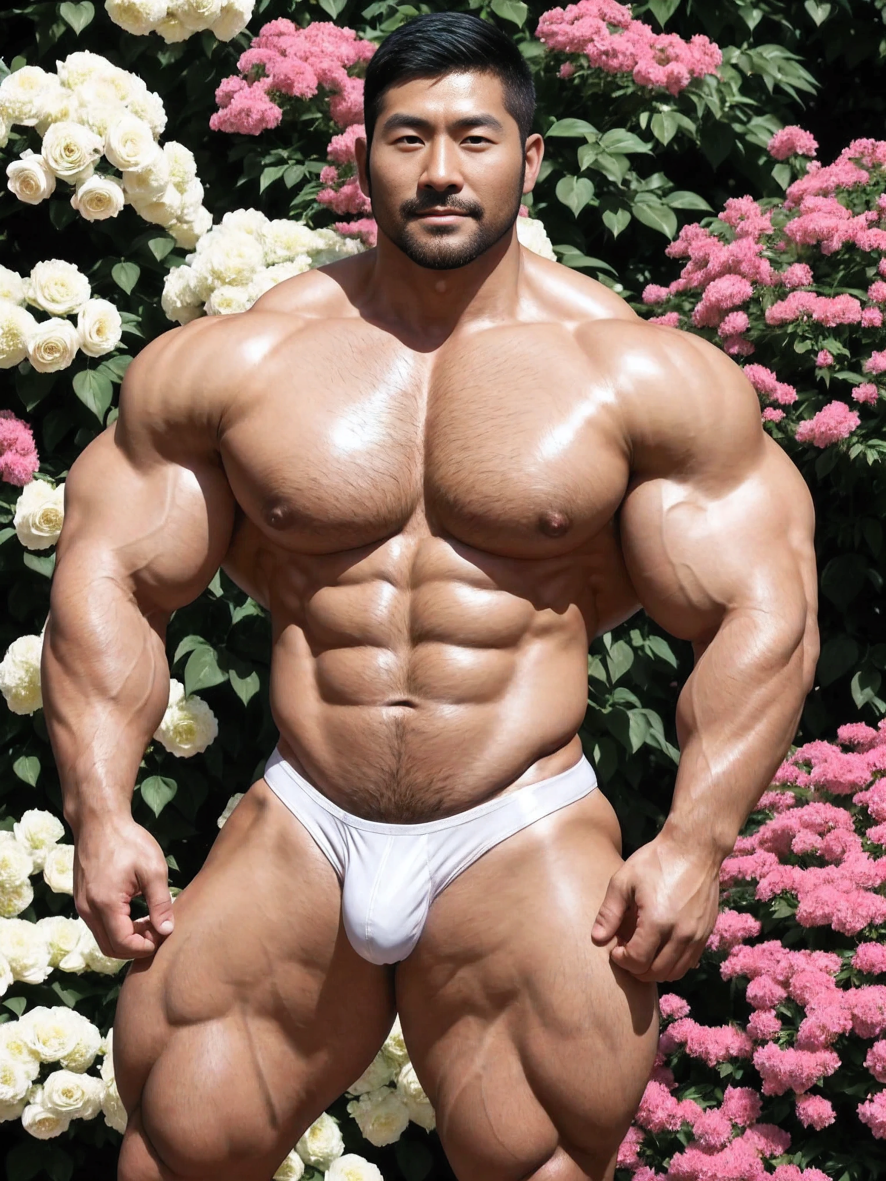 There is only one handsome Asian actor in the photo，35 years old，High target, Fitness，short hair, O-Shaped Beard，Perfect body, Dark skin color，Radiant Skin，Smooth skin，Shiny, shiny skin，Smooth pectoral muscles，No chest hair，No body hair，Muscle bulge, muscular, Very large pectoral muscles，Very sexy abdominal muscles，Very well-developed leg muscles，Huge concave and convex area，Brightens oily skin，Wearing a white leather shiny thong，Handsome face， Correct and accurate male body proportions, Wear white socks，Put your hands behind your back，Stand among the flowers，Flowers bloom all around。
