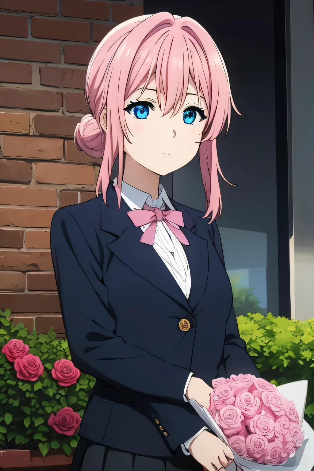 Pink hair, blue eyes, tight black secretary skirt, black blazer, white formal blouse, and a bouquet of roses.
