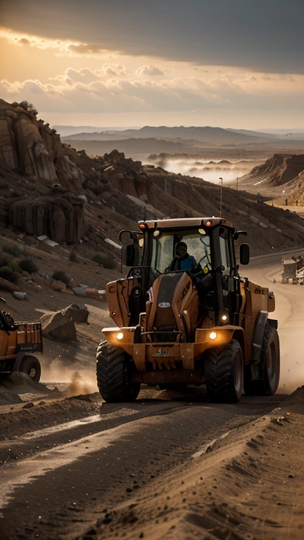 raw, orange lonking wheel loader LG 833 sand desert rocky quarry, epic, absurdres, cinematic, dynamic view angle, volumetric lights, mist, cinematic, dutch angle, quarry, dust, volumetric lights, wet road after rain, mist, sunset, sun low on horizon, clouds