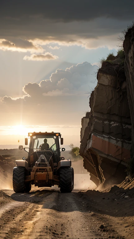 raw, orange lonking wheel loader LG 833 sand desert rocky quarry, epic, absurdres, cinematic, dynamic view angle, volumetric lights, mist, cinematic, dutch angle, quarry, dust, volumetric lights, wet road after rain, mist, sunset, sun low on horizon, clouds