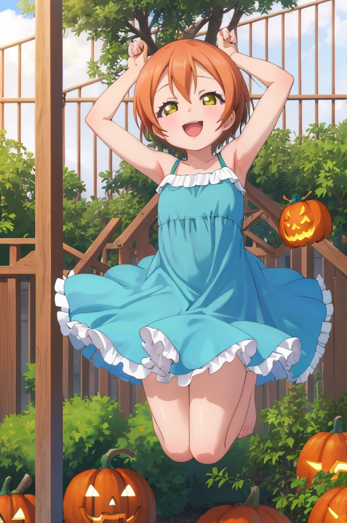 masterpiece, best quality,ultra detail,girl,happy,smile,blanket,rin hoshizora outdoor fence,plant,jumping,open mouth,pumpkin dress