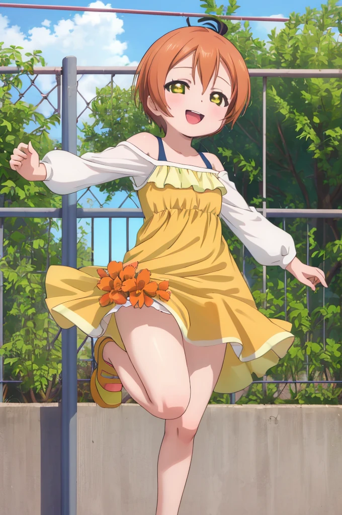 masterpiece, best quality,ultra detail,girl,happy,smile,blanket,rin hoshizora outdoor fence,plant,jumping,open mouth,pumpkin dress