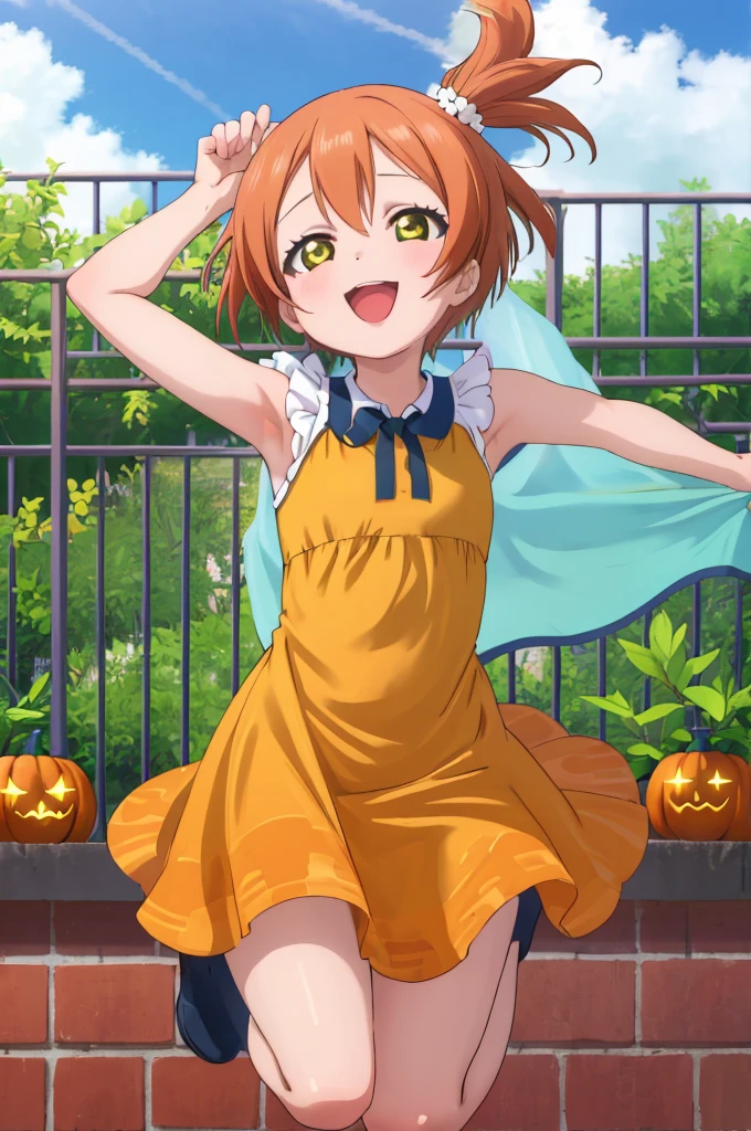 masterpiece, best quality,ultra detail,girl,happy,smile,blanket,rin hoshizora outdoor fence,plant,jumping,open mouth,pumpkin dress