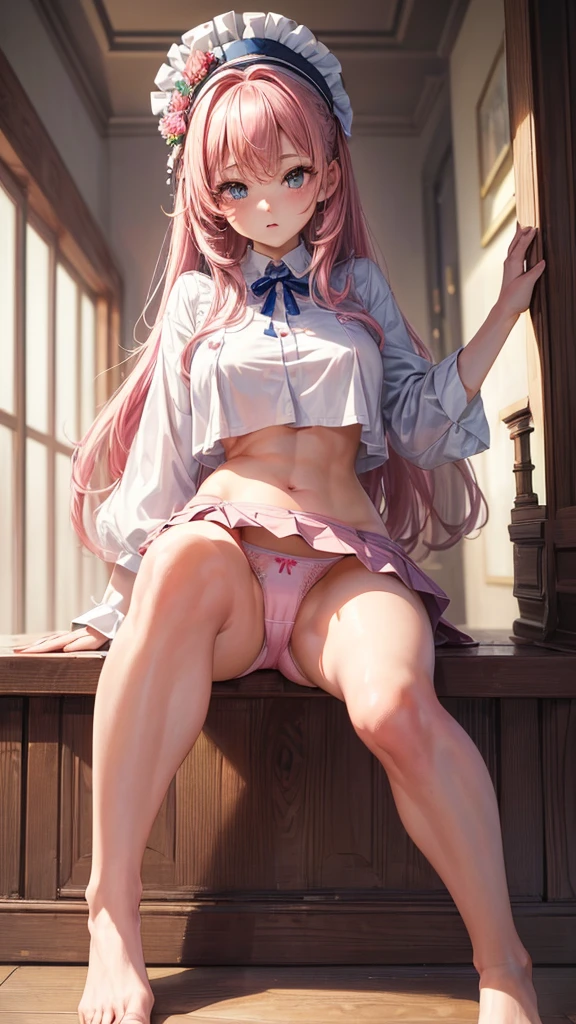 (masterpiece, highest quality, ultra high res, ultra detailed:1.3), 1 cute girl, ideal ratio body proportions, pink medium hair, sitting on stairs, outstretched legs, (panties visible:1.4), pleated mini skirt, indoors, clothes covered nipples,