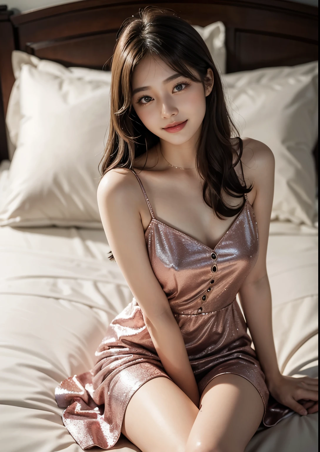 product quality, a full body shot, directly in front view, 1 woman, a Japanese young pretty woman, hyper pretty face, 18 years old, glamorous figure, having a big and long eggplant in her hand, wearing only a sleeveless satin light yellow chemise with laces, sitting on a silk bed with a big smile in her room, a silk pillow, silk bed sheets, glossy lips, double eyelids in both eyes, natural makeup, long eyelashes, shiny smooth light brown hair, asymmetrical bangs, tanned skin, central image, high resolution, high detail, detailed hairstyle, detailed face, cinematic lighting, octane rendering, hyper realistic, perfect limbs, perfect anatomy