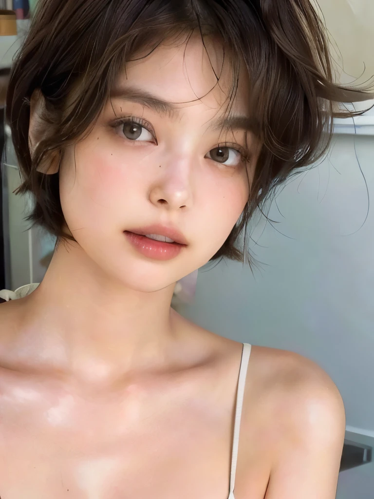 a close-up of a woman with messy hair and a white blouse, retrato sophie mudd, messy shorth hair, natural shorth hair, flawless olive skinned, shorth hair bagunçado, messy bob, very shorth hair bagunçado, short dark hair, shorth hair, camila mendes female, olive skinned, short brown hair and big eyes, shorth haircut, beautiful well - face, cerveja madison