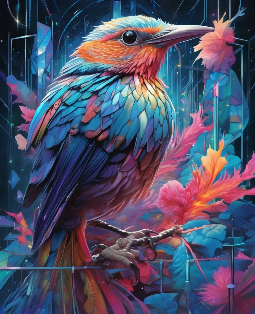 a bird in perfect geometric harmony, intricate and hyper-detailed by Android Jones, Emily Kell, rossdraws, André Wallin, Sung Choi, fluid paint and oil splash artistic painting fantasy art, album cover art, incredible depth, Perfect proportion, hdr, 8k resolution, perfectly balanced styles, intense light, subdued colors,Immediate engineering chief's hyper-detailed masterpiece