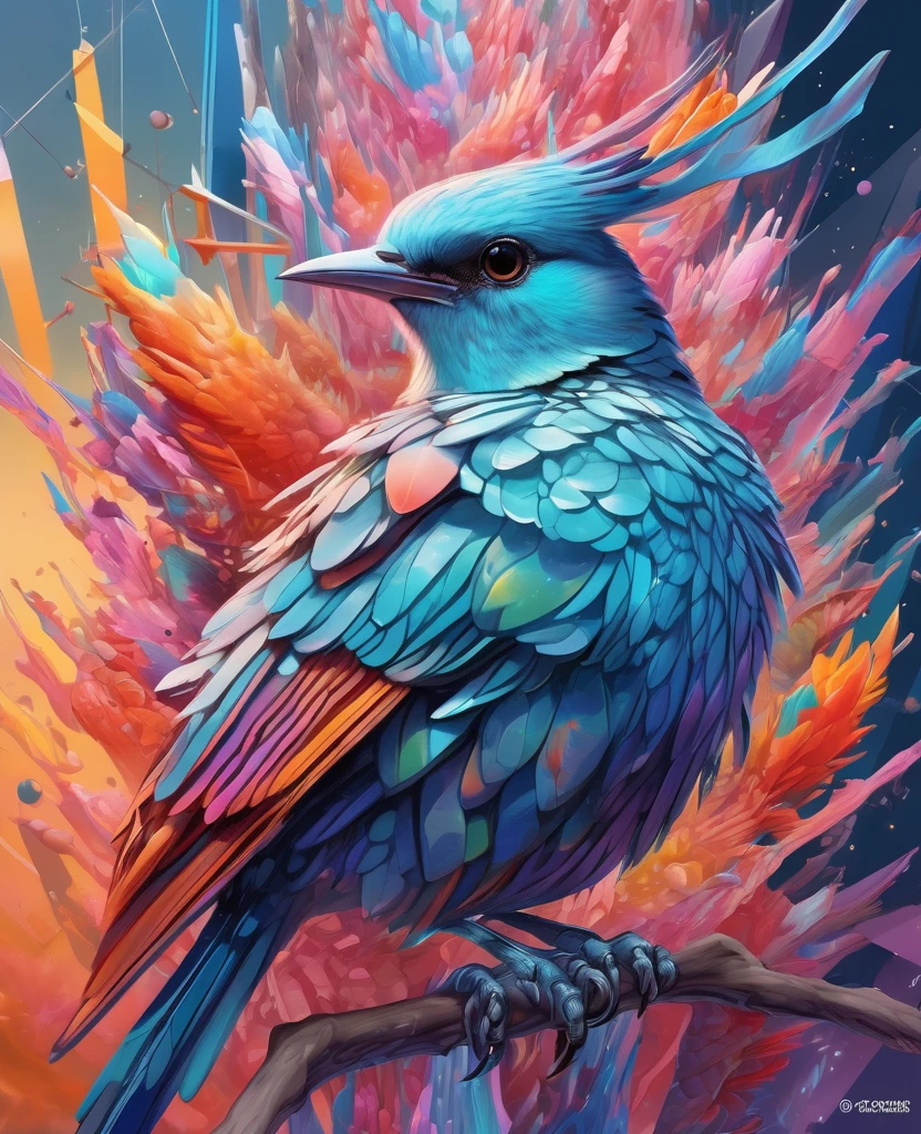 a bird in perfect geometric harmony, intricate and hyper-detailed by Android Jones, Emily Kell, rossdraws, André Wallin, Sung Choi, fluid paint and oil splash artistic painting fantasy art, album cover art, incredible depth, Perfect proportion, hdr, 8k resolution, perfectly balanced styles, intense light, subdued colors,Immediate engineering chief&#39;s hyper-detailed masterpiece
