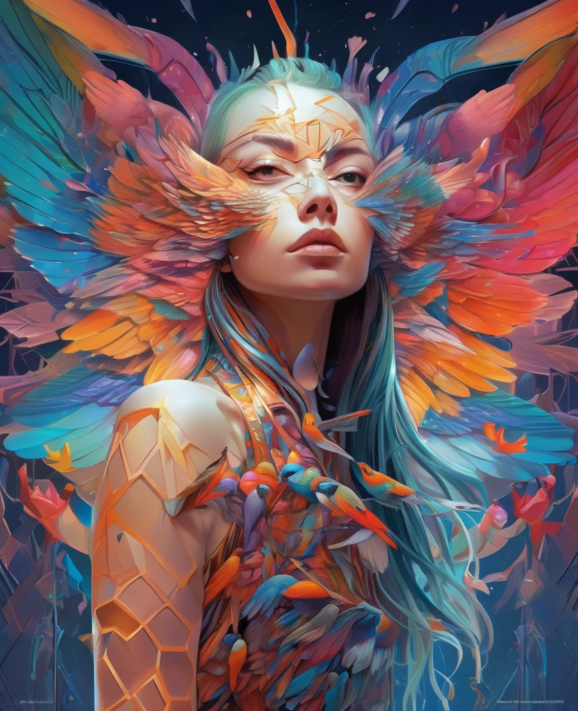 a bird in perfect geometric harmony, intricate and hyper-detailed by Android Jones, Emily Kell, rossdraws, André Wallin, Sung Choi, fluid paint and oil splash artistic painting fantasy art, album cover art, incredible depth, Perfect proportion, hdr, 8k resolution, perfectly balanced styles, intense light, subdued colors,Immediate engineering chief&#39;s hyper-detailed masterpiece