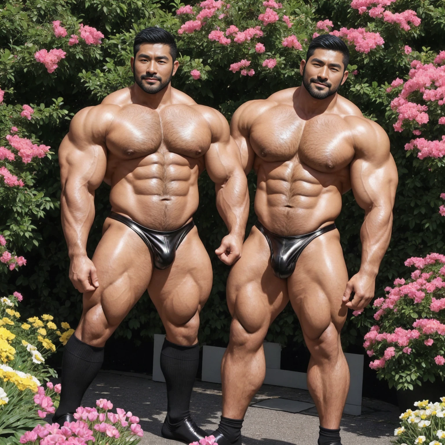 There is only one handsome Asian actor in the photo,35 years old,High target, Fitness,short hair, O-Shaped Beard,Perfect body, Dark skin color,Radiant Skin,Smooth skin,Shiny, shiny skin,Smooth pectoral muscles,No chest hair,No body hair,Muscle bulge, muscular, Very large pectoral muscles,Very sexy abdominal muscles,Very well-developed leg muscles,Huge concave and convex area,Brightens oily skin,Wearing black leather shiny thong,Handsome face, Correct and accurate male body proportions, Wear black socks,Put your hands behind your back,Stand among the flowers,Flowers bloom all around。