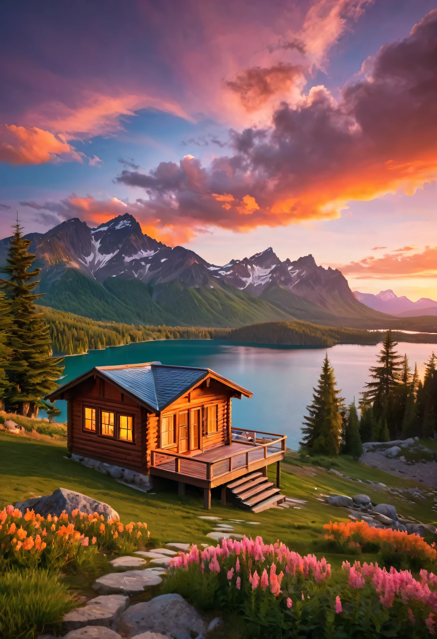 A cozy wooden cabin, perched on a hillside overlooking a serene lake, is bathed in the warm glow of a breathtaking sunset. The sky is ablaze with vibrant hues of orange and pink, reflecting on the water's surface. Mountains rise in the distance, creating a sense of grandeur and peace.