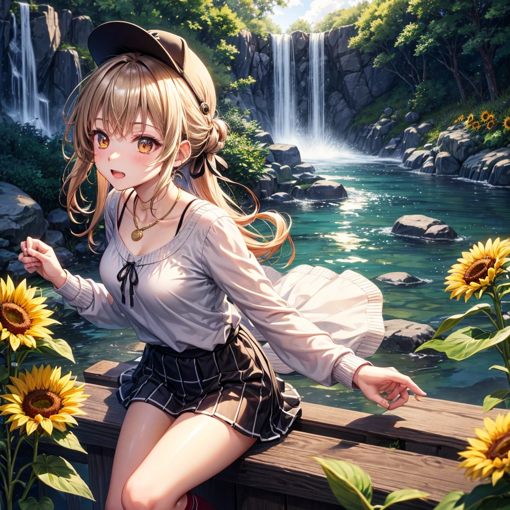Red, brown, gold, gold hair、Golden Eyes、Hair tied up、One good looking girl、solo、anime、Checkered mini skirt、Ruffles on the skirt、camisole、Lightweight cardigan、Black knee-high socks、Wearing a baseball cap、Ribbon、Ribbon on waist、Teeth are visible、Silver coin necklace、From above、Sunflower Tunnel、Cobblestones、waterfall、Have sunflowers、Starry Sky、Midnight Moon、Winding Road、Unlocking、suspension bridge、Soap bubbles are flying