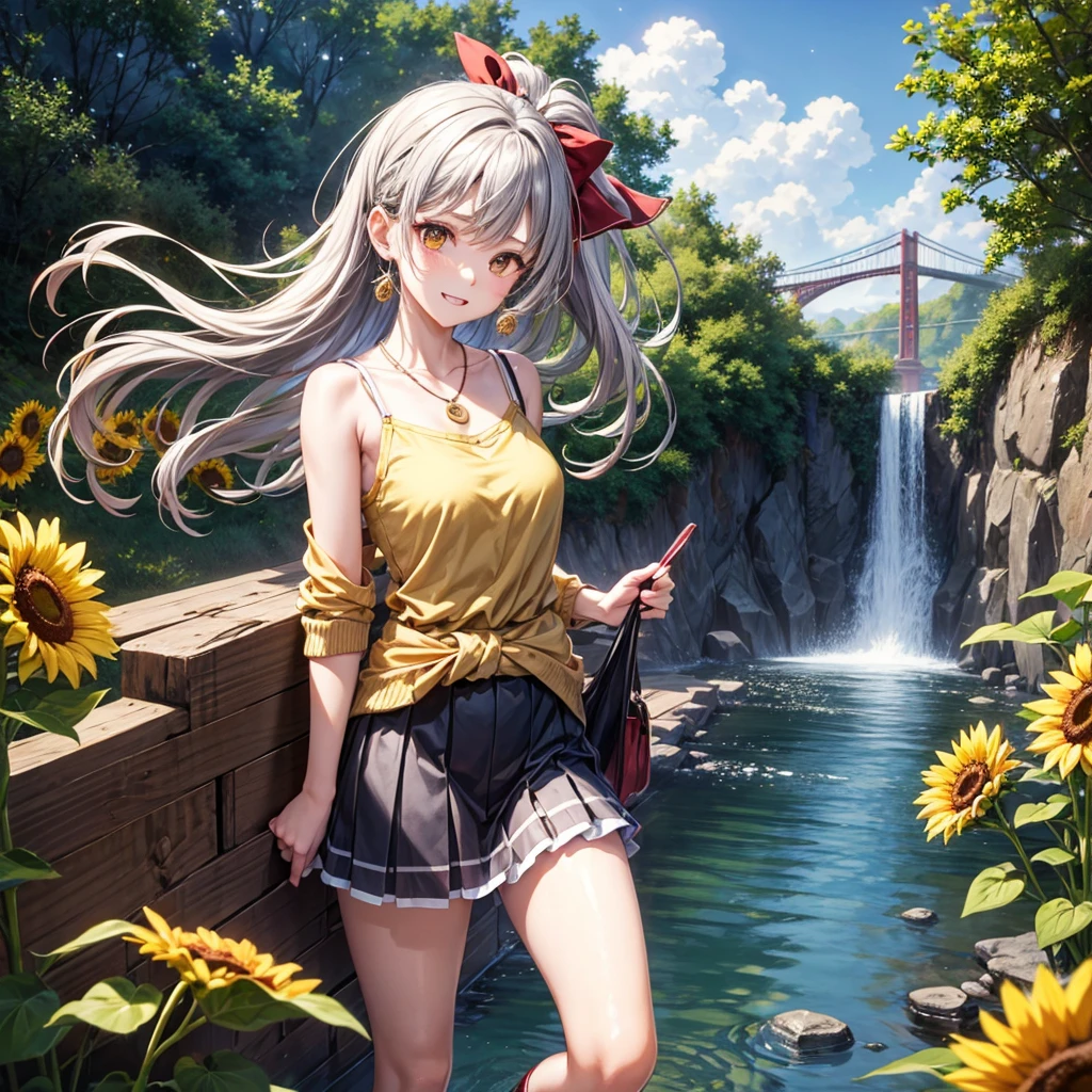 Red, brown, gold, gold hair、Golden Eyes、Hair tied up、One good looking girl、solo、anime、Checkered mini skirt、Ruffles on the skirt、camisole、Lightweight cardigan、Black knee-high socks、Wearing a baseball cap、Ribbon、Ribbon on waist、Teeth are visible、Silver coin necklace、From above、Sunflower Tunnel、Cobblestones、waterfall、Have sunflowers、Starry Sky、Midnight Moon、Winding Road、Unlocking、suspension bridge、Soap bubbles are flying