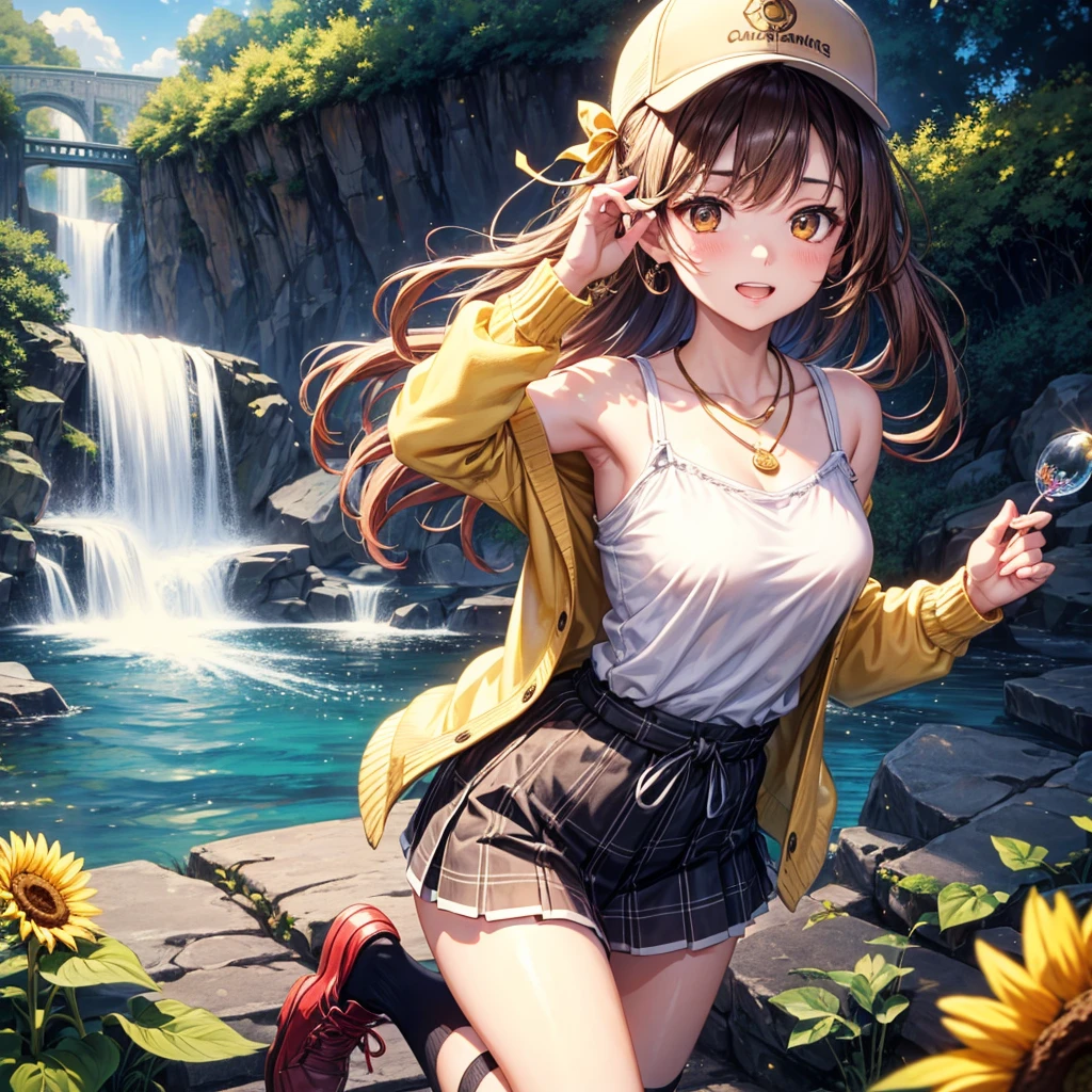 Red, brown, gold, gold hair、Golden Eyes、Hair tied up、One good looking girl、solo、anime、Checkered mini skirt、Ruffles on the skirt、camisole、Lightweight cardigan、Black knee-high socks、Wearing a baseball cap、Ribbon、Ribbon on waist、Teeth are visible、Silver coin necklace、From above、Sunflower Tunnel、Cobblestones、waterfall、Have sunflowers、Starry Sky、Midnight Moon、Winding Road、Unlocking、suspension bridge、Soap bubbles are flying