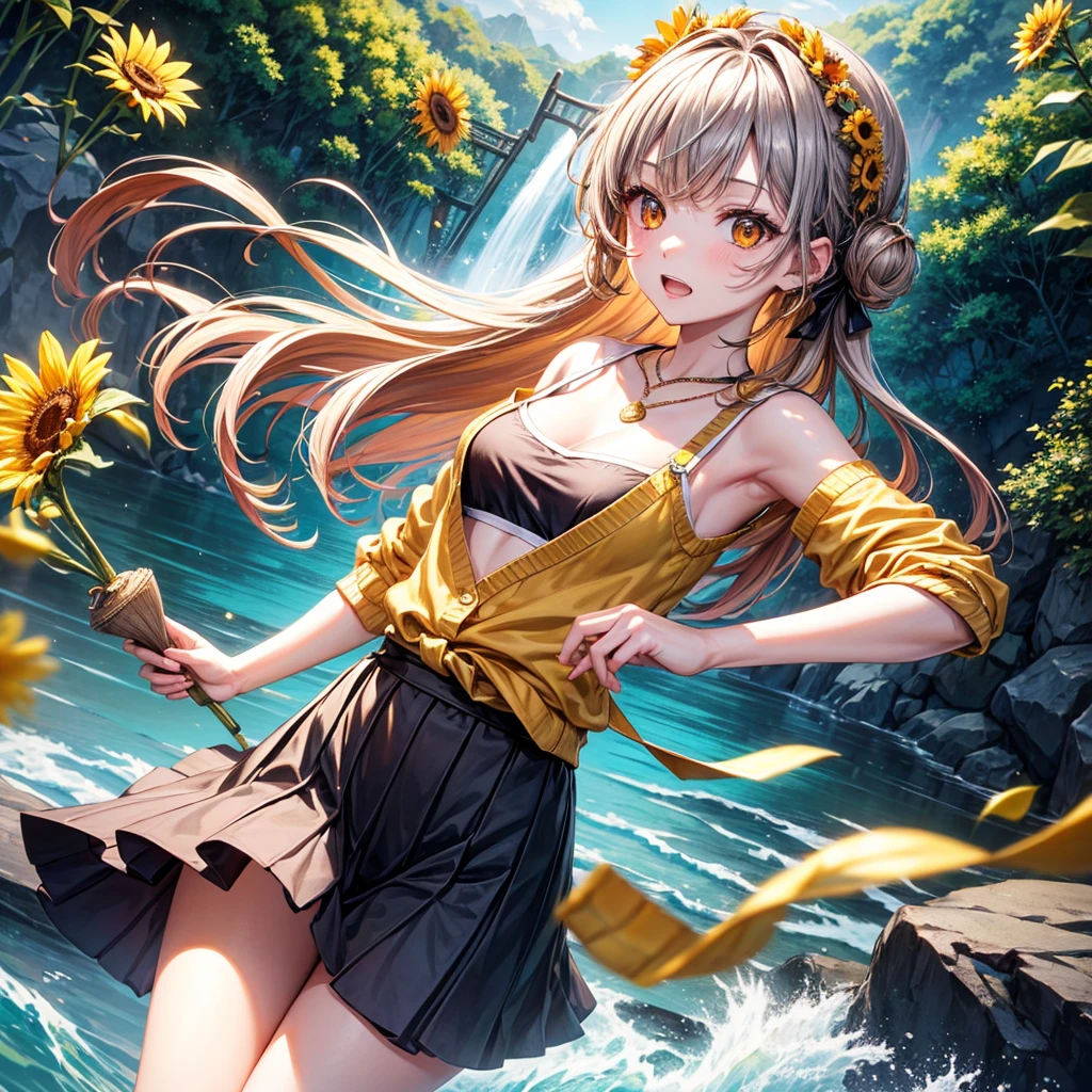 Red, brown, gold, gold hair、Golden Eyes、Hair tied up、One good looking girl、solo、anime、Checkered mini skirt、Ruffles on the skirt、camisole、Lightweight cardigan、Black knee-high socks、Wearing a baseball cap、Ribbon、Ribbon on waist、Teeth are visible、Silver coin necklace、From above、Sunflower Tunnel、Cobblestones、waterfall、Have sunflowers、Starry Sky、Midnight Moon、Winding Road、Unlocking、suspension bridge、Soap bubbles are flying