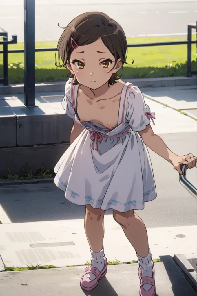 ,,(petite), 1girl, looking at viewer, , hazuki katou,,,, ,park,,,small brexpressionless),summer dress,nipple,perighting,perfect shadow,socks,standing