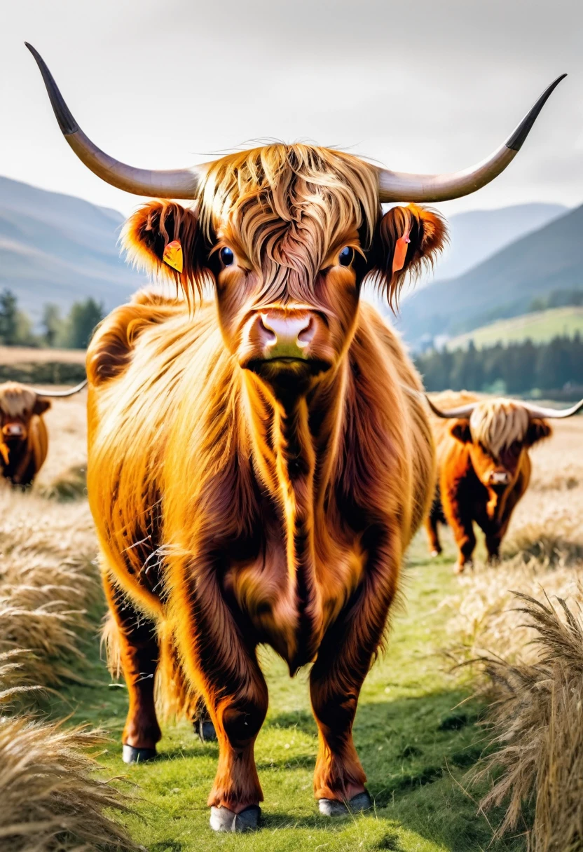 Harvest Highland Cattle，HD，White background，8K，超HD画质，Masterpiece，Natural texture，Elegant and clear lines，
