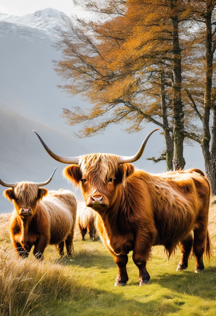 Harvest Highland Cattle,HD,White background,8K,超HD画质,Masterpiece,Natural texture,Elegant and clear lines,