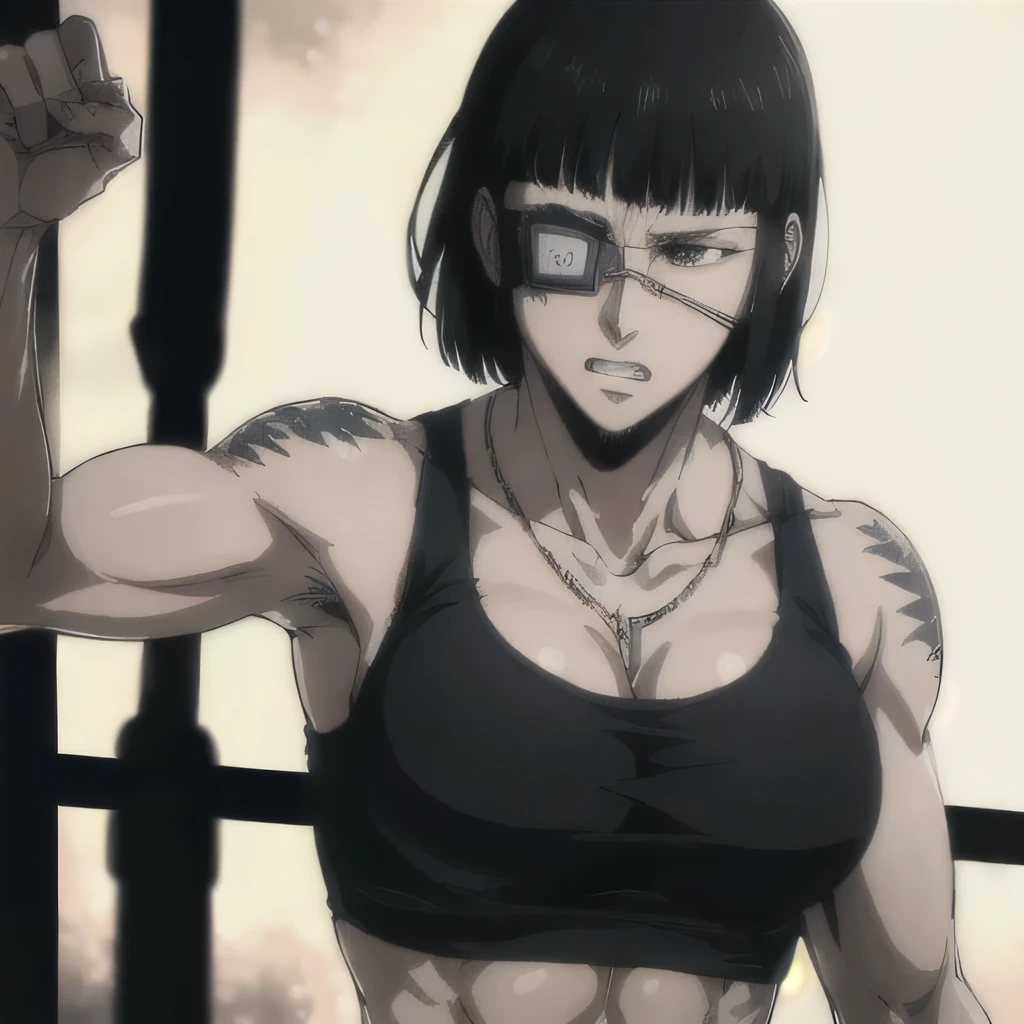 (best quality,ultra-detailed,realistic:1.37),musclaur badass girl with sculpted body have a tattoos wearing tank top and male underwear, full review of the female character's face and body, intense expression, strong and confident posture, studio lighting, vivid colors, physiologically-based rendering, grungy texture, rugged background, dust particles in the air, commanding presence, professional, powerful, gritty aesthetics,Valmet،short hair,necklace,six-pack,eyepatch,boxing,handsome look,Inside a boxing ring