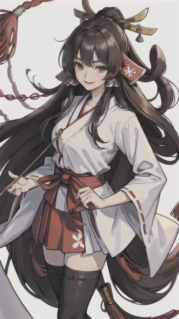 The image shows an illustrated character, likely from an anime or manga. The character has long dark hair and is wearing a traditional shrine maiden (miko) outfit, consisting of a white top (haori) with red accents and a red skirt (hakama). The character is holding what appears to be a bow without the string, and there are white ribbon-like effects surrounding the character, suggesting movement or a magical element. The face of the character has been pixelated to obscure it. The character has no accessories. Please create the new illustration in a soft, pencil-drawn style based on this description. With a smile on your face