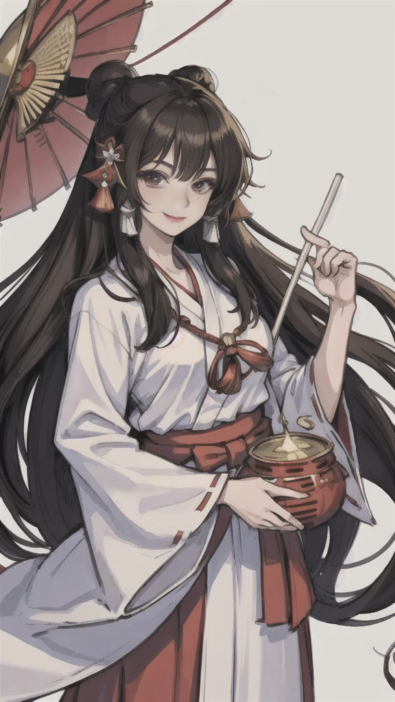 The image shows an illustrated character, likely from an anime or manga. The character has long dark hair and is wearing a traditional shrine maiden (miko) outfit, consisting of a white top (haori) with red accents and a red skirt (hakama). The character is holding what appears to be a bow without the string, and there are white ribbon-like effects surrounding the character, suggesting movement or a magical element. The face of the character has been pixelated to obscure it. The character has no accessories. Please create the new illustration in a soft, pencil-drawn style based on this description. With a smile on your face