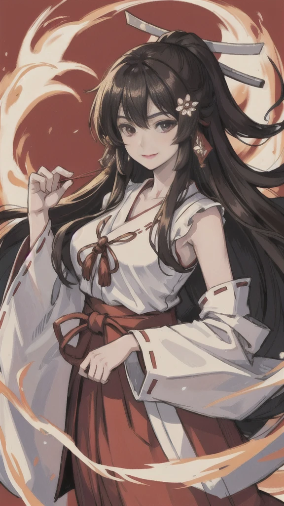 The image shows an illustrated character, likely from an anime or manga. The character has long dark hair and is wearing a traditional shrine maiden (miko) outfit, consisting of a white top (haori) with red accents and a red skirt (hakama). The character is holding what appears to be a bow without the string, and there are white ribbon-like effects surrounding the character, suggesting movement or a magical element. The face of the character has been pixelated to obscure it. The character has no accessories. Please create the new illustration in a soft, pencil-drawn style based on this description. With a smile on your face