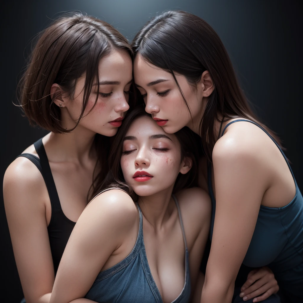 two girls, brown hair, red lips, romantic atmosphere, foreheads glued together, eyes closed, faces dirty with dust and blood, away from the camera, showing from the waist up, blue light reflecting on their face from the side, black background, realistic, work of art