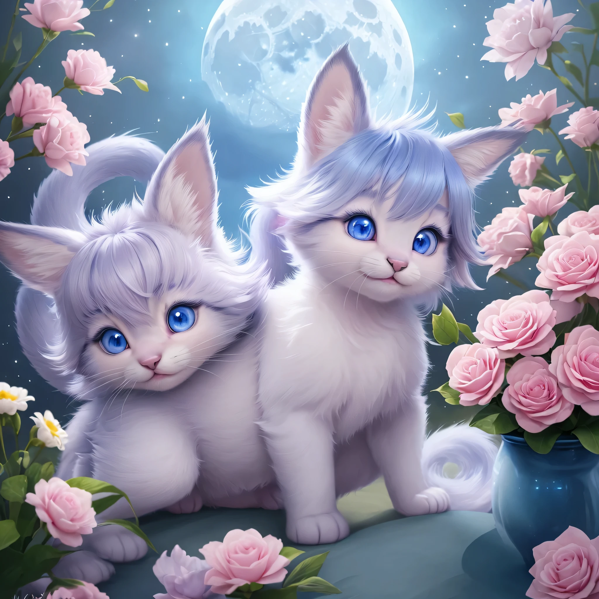 A kitten with a tiny tail, a small nose, Little Ears, blue colored eyes, pink back ground, flowers, vases, dreams, gaping mouth, ssmile, Caroline Chariot-Dayez pastries, tumblr, furry art,  disney's bambi cat, disney stylized furry, ears floating, cuddly tail, cuddly '', cuddly !!!, high resolution, furry art!!! the moon, small in size