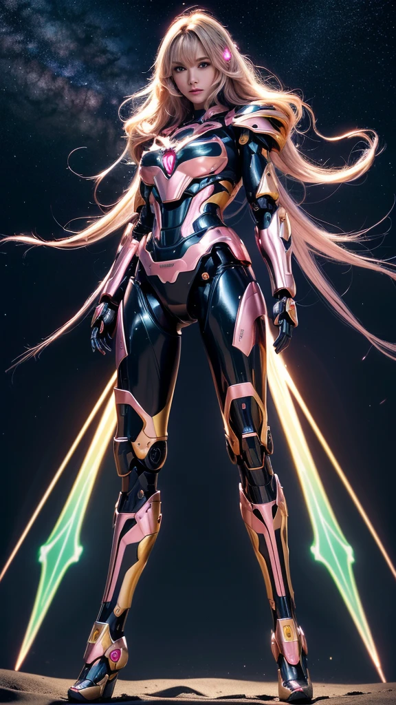 Best quality, masterpiece, awards winning photograph, robot girl, ((extremely beautiful)), full makeups, pink wavy hair, ((ultra realistic)), ((hair blown by the winds)), glowing pink eyes, slim body, (gold and black luminous mecha armor colors), ((luminous mechanical armor)), ex Machina armor, ((full luminous mecha armor)), ((epic luminous mecha armor details)), android girl, perfect face, ((full body shown)), night at beach, full of stars, aurora borealis, nebula skies, shooting stars, cinematic light, epict lights details, ((symmetrical pose)), from below.