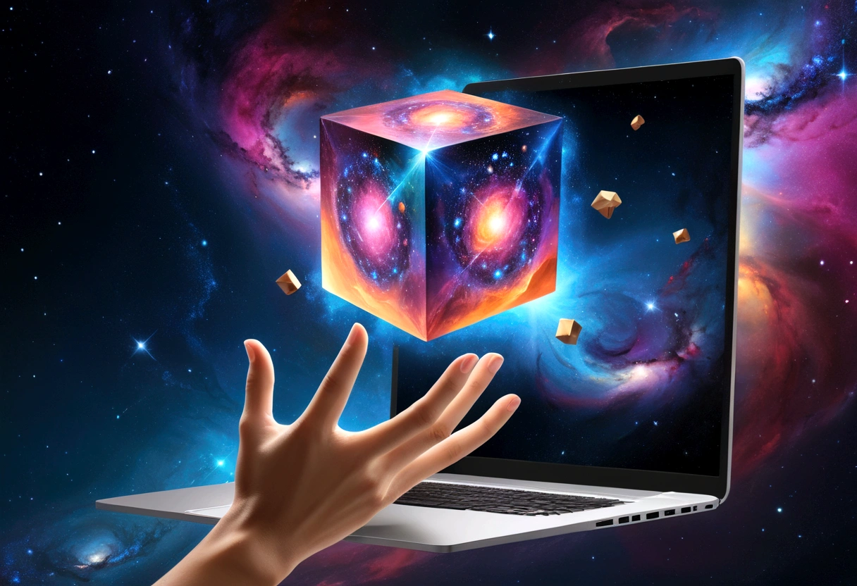Create an image, which will depict a surreal cube, covered with a complex and vibrant cosmic pattern. The pattern should include vortex galaxies, bright nebulae and shining stars against the backdrop of deep space. One of the faces of the cube should depict an outstretched human hand with realistic skin tones, breaking through the cosmic pattern. Place a modern laptop with the lid open in front of this hand, whose screen appears to be floating in the air. The general atmosphere should evoke a feeling of an endless universe, meeting modern technologies in harmonious combination, 8 k, Best quality, 
