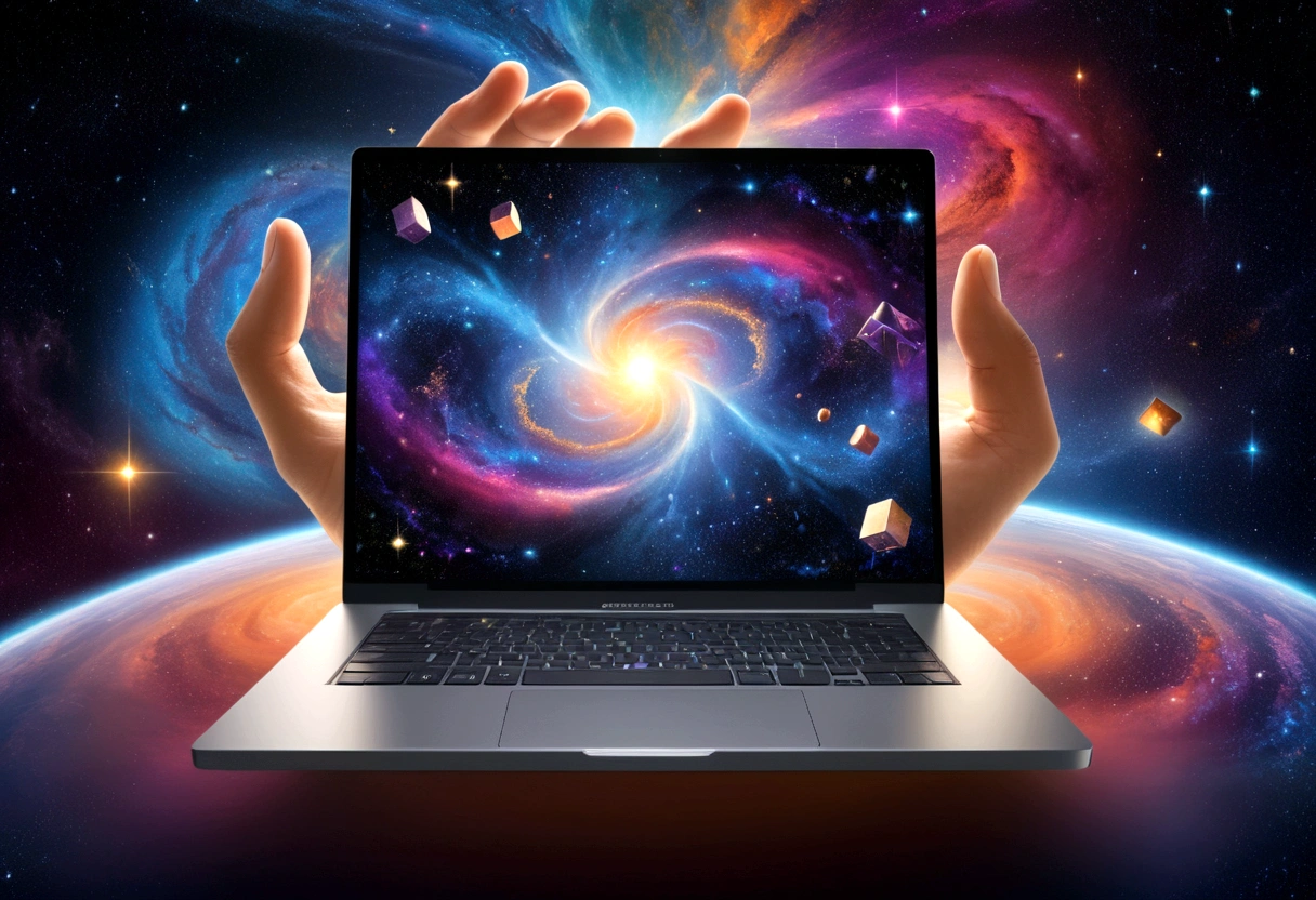 Create an image, which will depict a surreal cube, covered with a complex and vibrant cosmic pattern. The pattern should include vortex galaxies, bright nebulae and shining stars against the backdrop of deep space. One of the faces of the cube should depict an outstretched human hand with realistic skin tones, breaking through the cosmic pattern. Place a modern laptop with the lid open in front of this hand, whose screen appears to be floating in the air. The general atmosphere should evoke a feeling of an endless universe, meeting modern technologies in harmonious combination, 8 k, Best quality, 
