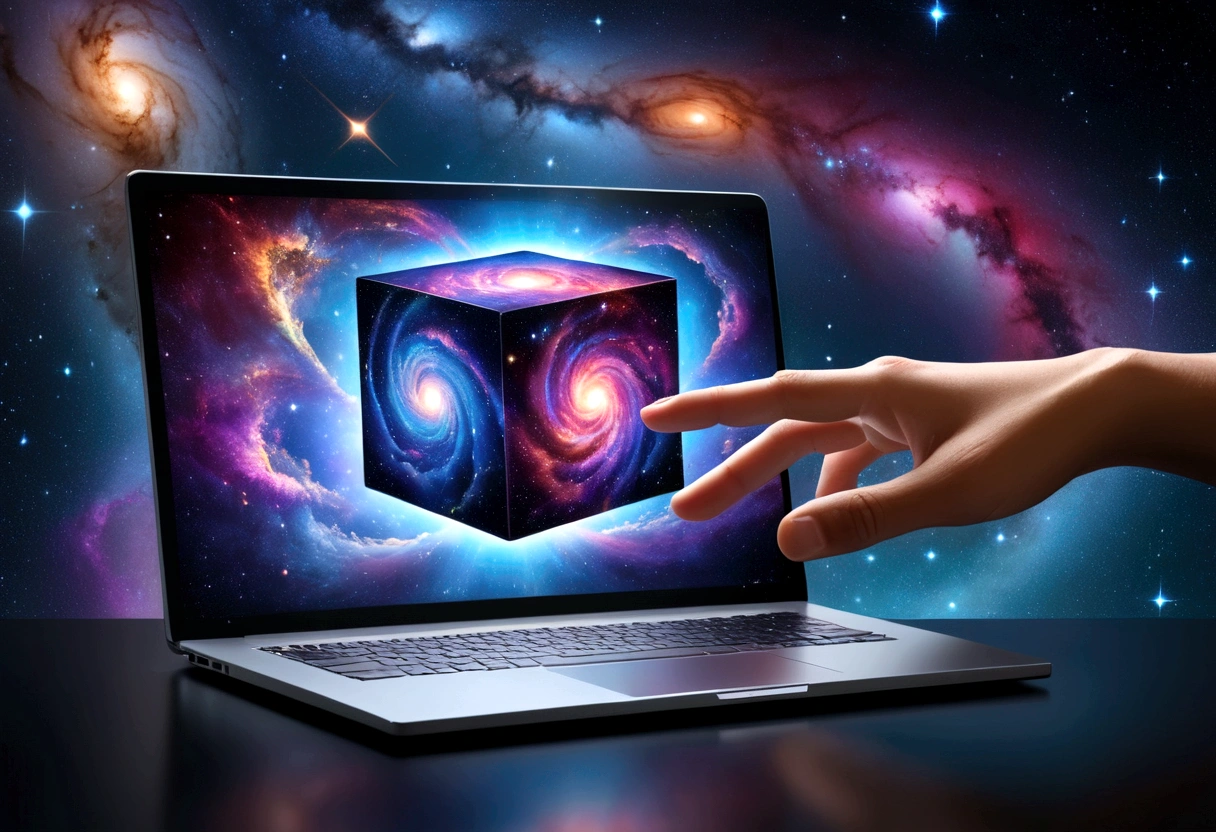Create an image, which will depict a surreal cube, covered with a complex and vibrant cosmic pattern. The pattern should include vortex galaxies, bright nebulae and shining stars against the backdrop of deep space. One of the faces of the cube should depict an outstretched human hand with realistic skin tones, breaking through the cosmic pattern. Place a modern laptop with the lid open in front of this hand, whose screen appears to be floating in the air. The general atmosphere should evoke a feeling of an endless universe, meeting modern technologies in harmonious combination, 8 k, Best quality,